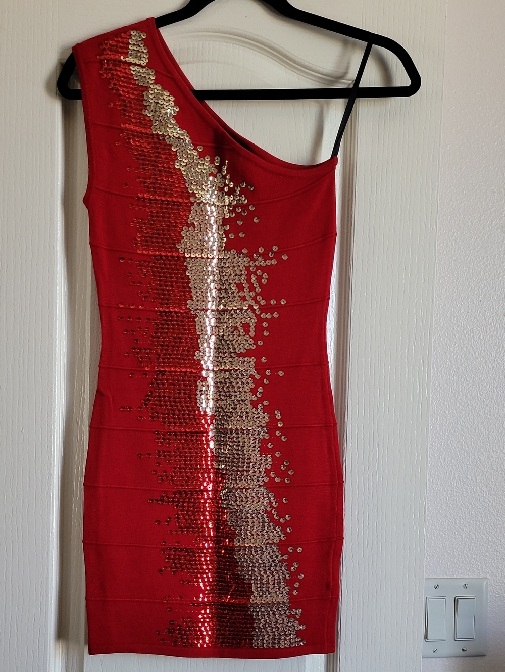 2B Bebe- Red One-Shoulder Sequin Accent Dress